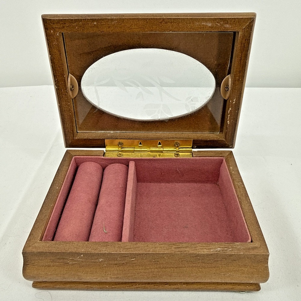 Vintage Small Wooden Jewelry Box Etched Flower Design Oval Glass Top Pink Velvet